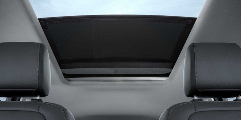 Close-up of a car's interior showing the back of the front seats and the retracted sunshade of a large sunroof.