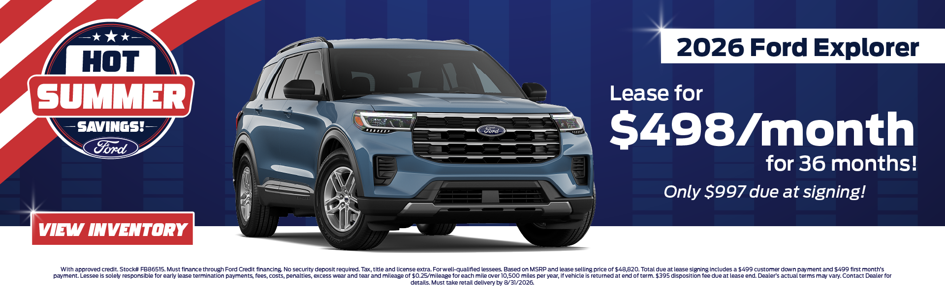 2026 Ford Explorer Lease for $498/month for 36 months!