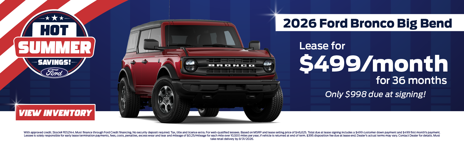 2026 Ford Bronco Big Bend Lease for $499/month for 36 months
