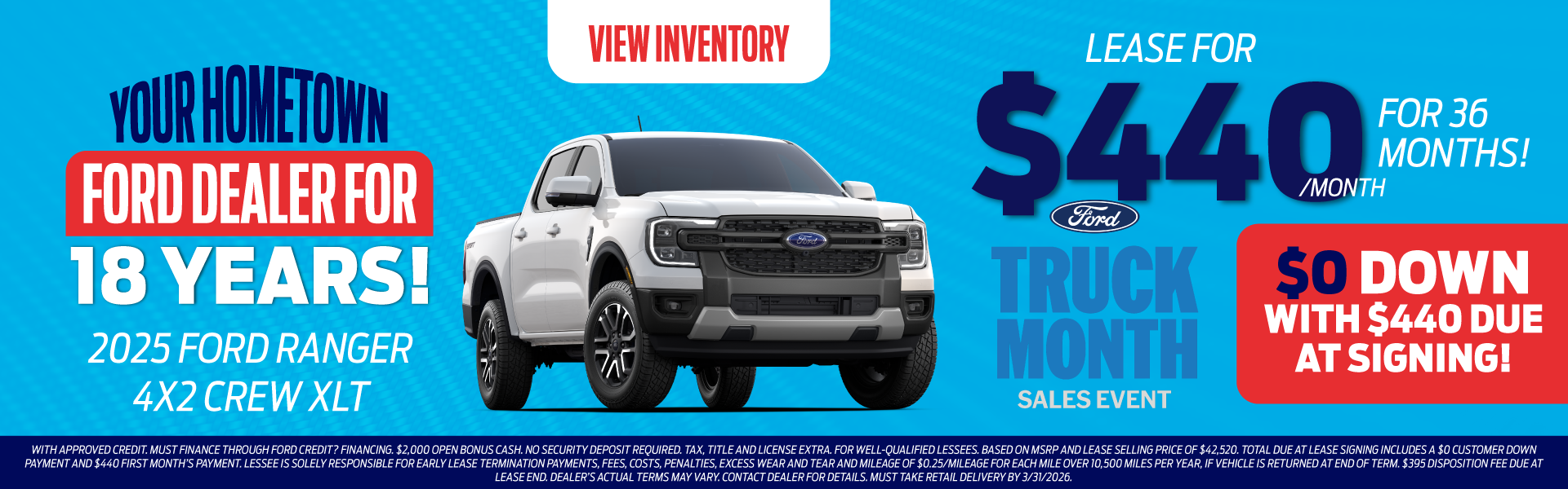 2025 Ford Ranger 4X2 Crew XLT Lease for $440/month 