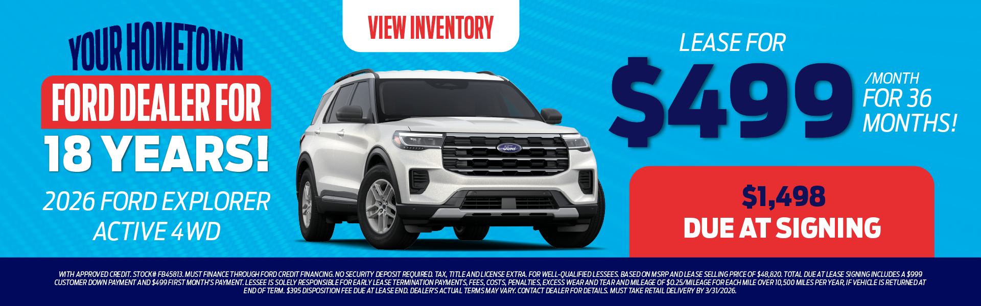 2026 Ford Explorer Active 4WD Lease for $499/month for 36 mo