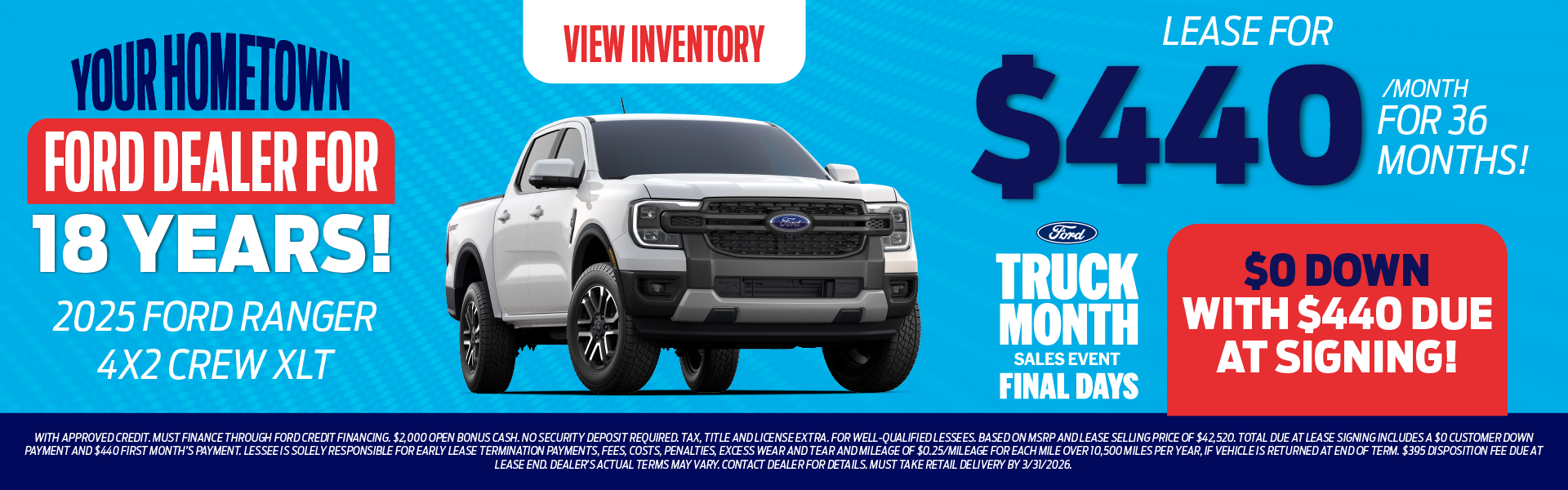 2025 Ford Ranger 4X2 Crew XLT Lease for $440/month 