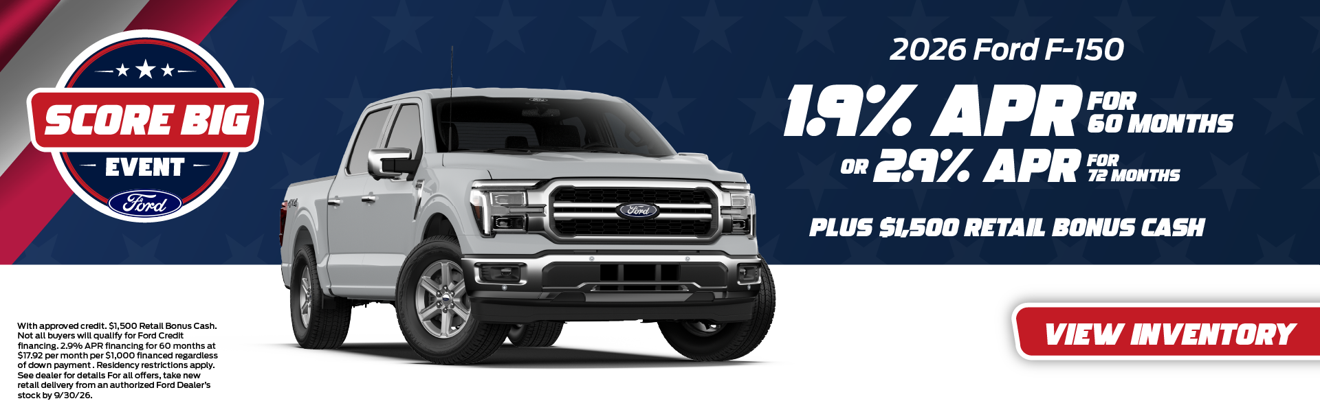 2026 Ford F-150 1.9% APR for 60 months or 2.9% APR 